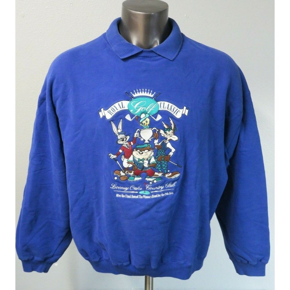 Mens Acme Looney Tunes Oaks Golf 19th‎ Collar Sweater Long Sleeve Size XL Blue
